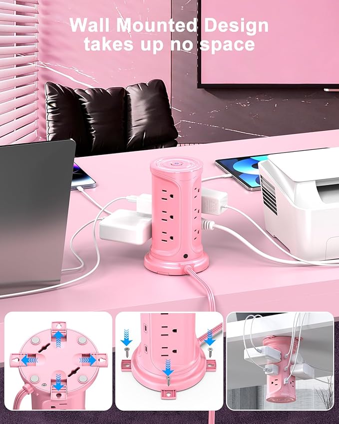 Tower Power Strip Surge Protector with 12 Outlets 3 USB Ports(2 Type C), 6.5 FT Ultra Flat Extension Cord with Multiple Outlets, Flat Plug Outlet Extender with Screw Wall Mount for Home Office Dorm