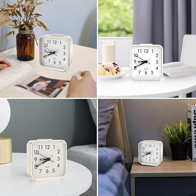 OQIMAX Analog Alarm Clocks, Non Ticking Table Clock with Luminous Hand & Large Display, Battery Powered Silent Bedside Alarm Clock with Night Light Function & Snooze, for Bedroom, Office (White)