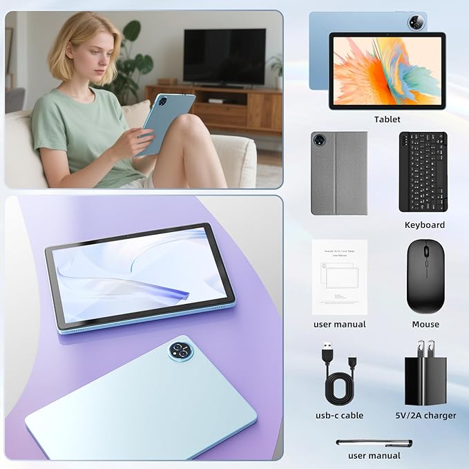 Android 15 Tablet 10 inch,24GB RAM 128 ROM,Tablets with Keyboard Case Mouse Stylus,1TB Expandable,Octa-Core 6000mAh 1280x800 IPS HD,5G WiFi,T615 CPU,High Performance,Processor,Dual Camera(Blue)