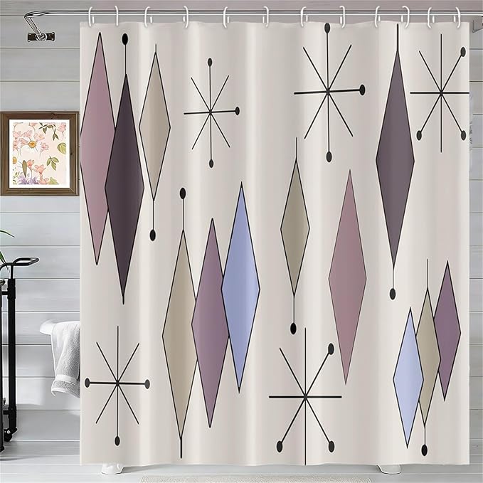 Mid Century Shower Curtain Abstract Purple Diamond Geometric Atomic Starburst Pattern Beige Backdrop for 1950s Retro Bathroom Decor Accessories Shower Curtain Set with 12 Hooks, 65x72 Inches