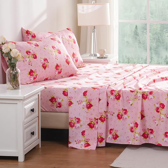 Bedlifes California King Sheet Set Ultra Soft, Breathable, Silky Flower Deep Pocket 100% Microfiber Bedding, 4 Piece Cal King Size Pink Floral(Red Rose)