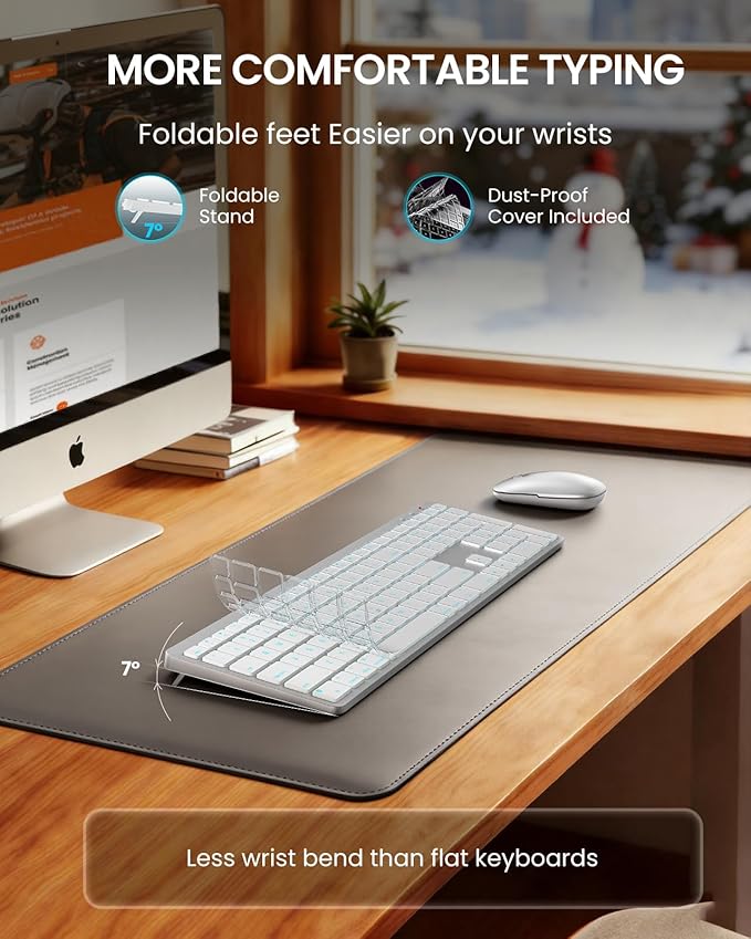 SABLUTE Bluetooth Keyboard and Mouse for Mac — 7-Color Backlit, Multi-Device, Rechargeable, Full-Size Wireless Keyboard Mouse Combo with Quiet Scissor-Switch Keys & Tilt Legs for Mac (Silver White)