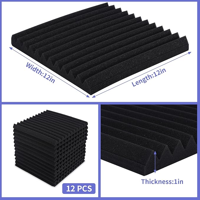 12 Pack Sound Proof Foam Panels Studio Acoustic Foam Panels,1" X 12" X 12"Soundproof Wall Panels with Self-Adhesive,Fire-Proofed Soundproofing Wedges,Acoustic Treatment Foam for Home-Black