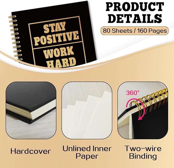 YAZMEEN Inspirational Quote Black Gold Spiral Notebook（160 Pages） Stay Positive Work Hard Make It Happen Blank Hardcover Notebook Encouragement Gift Funny Notebook Gift for Coworker Boss Team Member