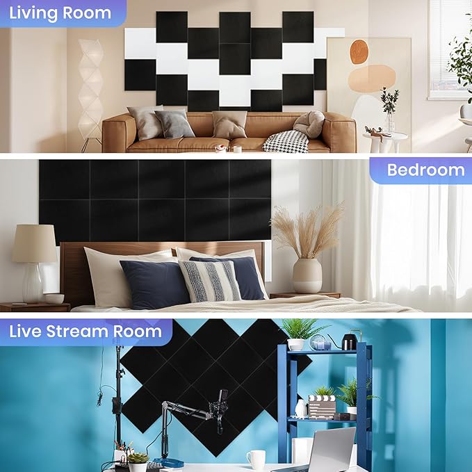 Focusound 18 Pack Sound Proof Panels for Walls, Self-Adhesive Acoustic Panels Sound Absorbing, 12" X 12" X 0.4" High Density Black Square Soundproof Wall Panels for Walls