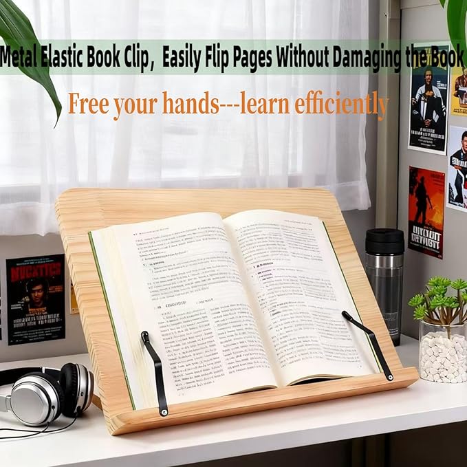 Bamboo Book Stand, Adjustable Reading Rest Holder, Natural Wood, Desktop Document Stand for Reading, Cooking (11x7.9inch)