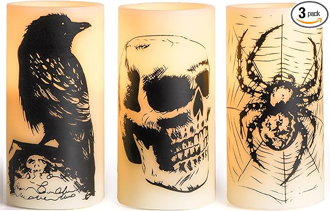 Hbaushun Halloween Flameless Candles LED Flickering Candles with Skull, Crow, Spider Web Decals,Battery Operated with 6 Hour Timer Halloween Decorations Horror Themed Candles(3 Pack, D3 x H6)