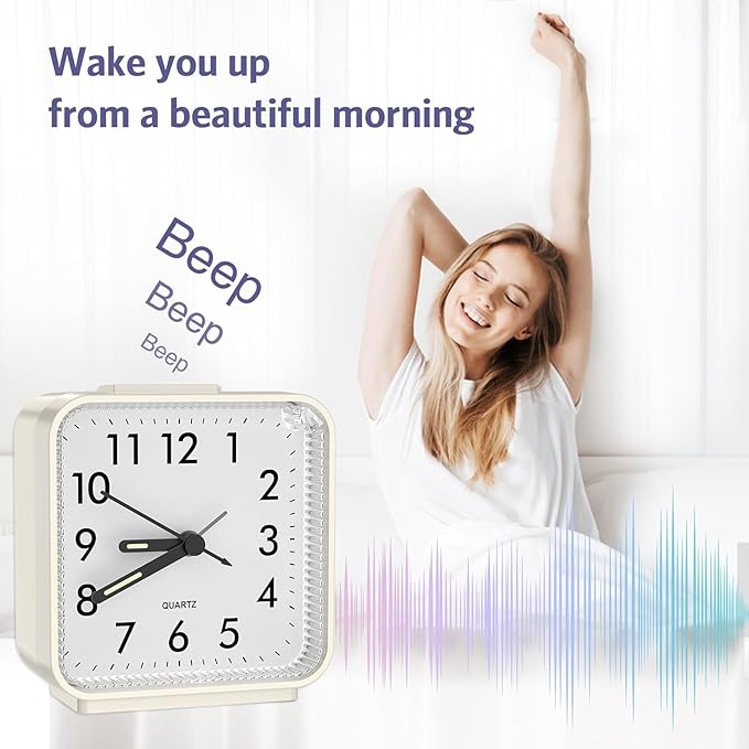 OQIMAX Analog Alarm Clocks, Non Ticking Table Clock with Luminous Hand & Large Display, Battery Powered Silent Bedside Alarm Clock with Night Light Function & Snooze, for Bedroom, Office (White)