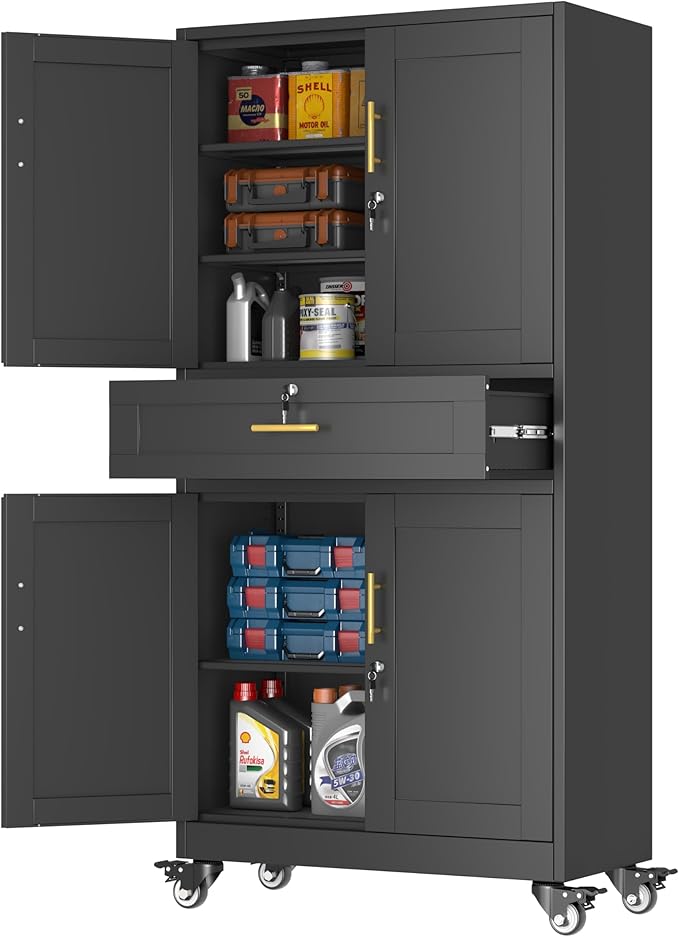 Metal Tall Storage Cabinet with Drawer, Garage Storage Cabinet with Locking Doors and 3 Adjustable Shelves, 71" H Steel Cabinets for Garage, Home, Office, Black, Assembly Required