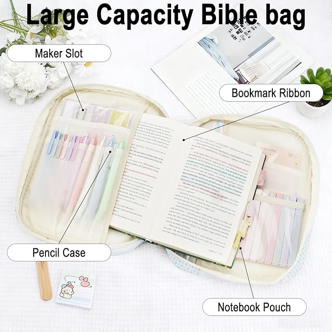 Lestp Bible Cover Case Study Supplies for Women Gifts Large Bible Cover with Highlighters Pens Tabs Cute Quilted Carrying Case Journal Kit Accessories Christian Gifts Sticky Notes D