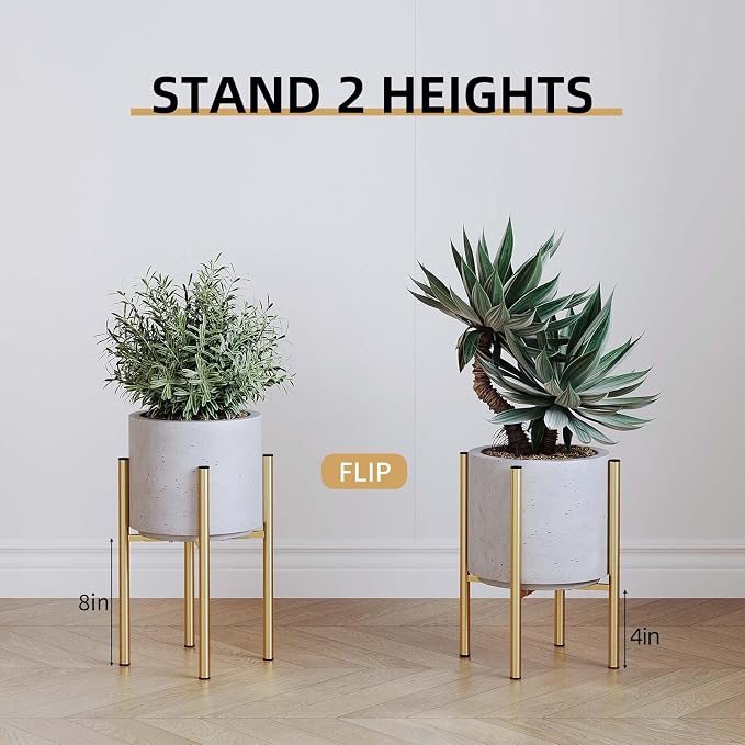 Adjustable Metal Plant Stand Indoor, Fits 8-14 Inch Pots, Mid Century Modern Gold Planter Holder,2 Heights, Heavy Duty 160 lb, Indoor Outdoor Corner Floor Pot Stand, Golden with Round Plate