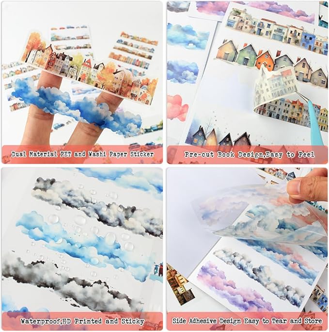 20 Sheets City Landscape Pre-Cut Journal Stickers Book for Journaling, Scrapbooking, Dual Transparent PET and Washi Stickers for Adults Junk Journals, Bujo, Collage, Planner, Album