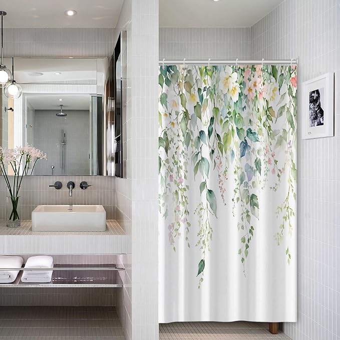 Sage Green Eucalyptus Shower Curtain Watercolor Botanical Floral Leaves Shower Curtain Set Spring Nature Bathroom Decor with 10 Hooks,54x78 Inches