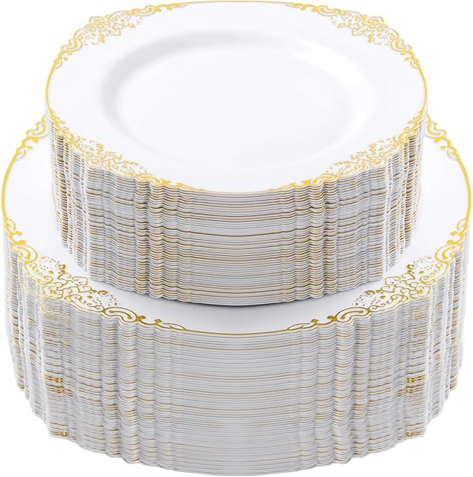 200 PCS White and Gold Plastic Plates for 100 Guests, Gold Disposable Plates Include 100 PCS Dinner Plates, 100 PCS Dessert Plates for Party, Wedding and Graduation
