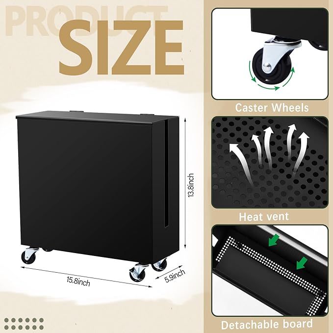 Extra Large Cable Management Box with Caster Wheels Adjustable Cord Hider Box for Power Strip Metal Router Hider Organizer Surge Protector Storage Organizer for Office, Home (Black)