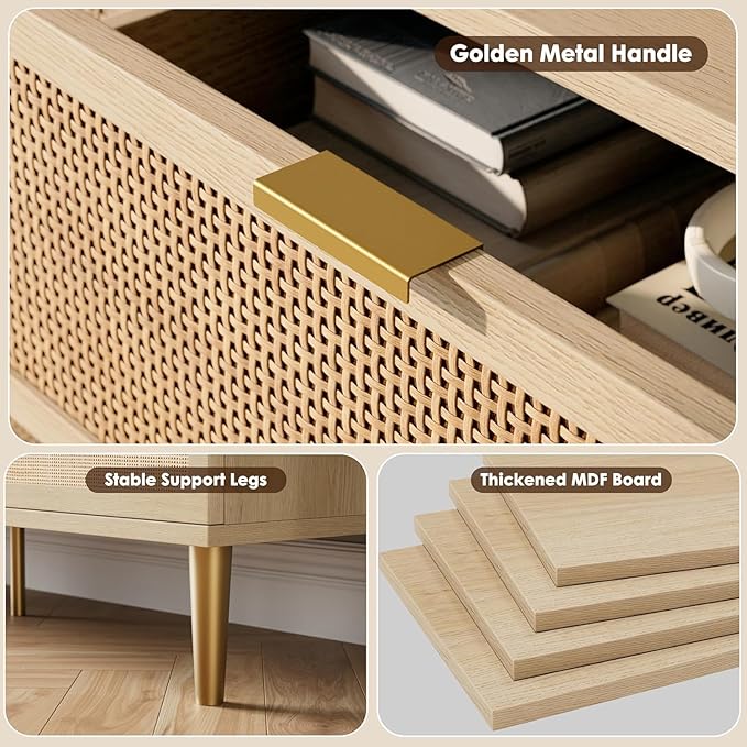 Garvee Rattan Dresser with 5 Drawers, Tall Modern Closet with Deep Storage, Large Chest of Drawers with Wide Top, Long Wooden Dresser for Bedroom, Living Room, Hallway, Kids Room, Natural