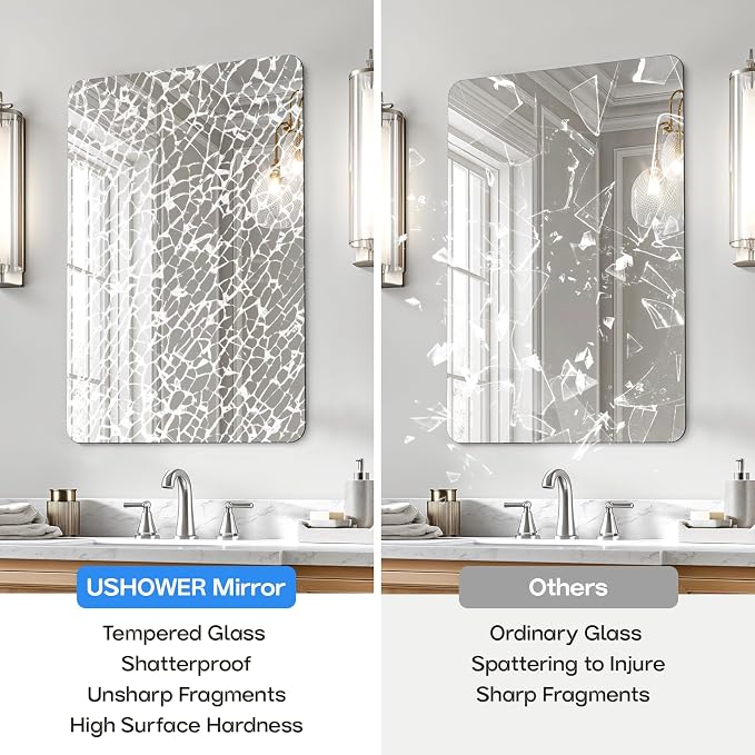 USHOWER Frameless Bathroom Mirror for Over Sink, 22x30 Inch Rectangle Wall Vanity Mirror for Bathroom, Bedroom, Entryway, Polished Edge, Tempered Glass