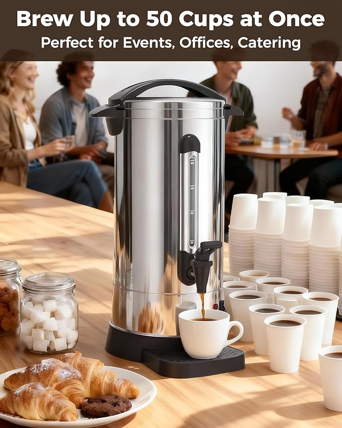 OSTBA 950W Commercial Coffee Urn 50 Cup / 8.3L 304 Stainless Steel Percolator Coffee Pot, Double-Wall Hot Water Dispenser Electric Coffee Maker Fast Brewing for Home, Office, Catering & Small Events