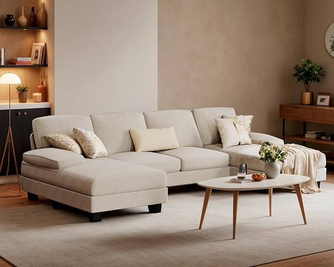 Furniwell Convertible Sectional Sofa Couch, 4 Seat Sofa Set for Living Room U-Shaped Modern Fabric Modular Sofa Sleeper with Double Chaise & Memory Foam (Corduroy, Beige)