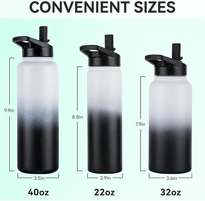 DOMICARE 32 oz Insulated Water Bottle, Vacuum Insulated Stainless Steel Sports Water Bottle with Straw Lid & Spout Lid, Leakproof, Reusable - Travel, Camping, Bike, Black White Gradient