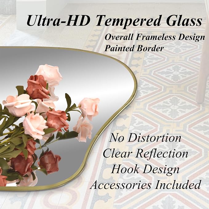 Irregular Full Length Mirror, 67"x31" Large Asymmetrical Tempered Glass Mirror, Gold Organic Frameless Wall Mirrors for Entryway Hallway Bedroom Living Room, Horizontal or Vertical Hanging