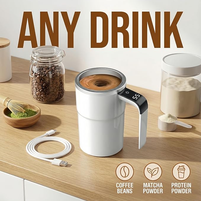 Automatic Magnetic Stirring Coffee Mug with Temperature Display, Rechargeable Self Stirring Mug, Portable Coffee Mug for Home Office Travel (Black)
