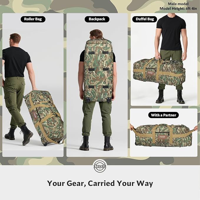 STOVER 100L Rolling Duffel Bag with Wheels, X-Large Durable Travel Duffle + Toiletry Bag, Heavy Duty, Packable with Shoulder Straps- Use as Luggage or Backpack (Camouflage)