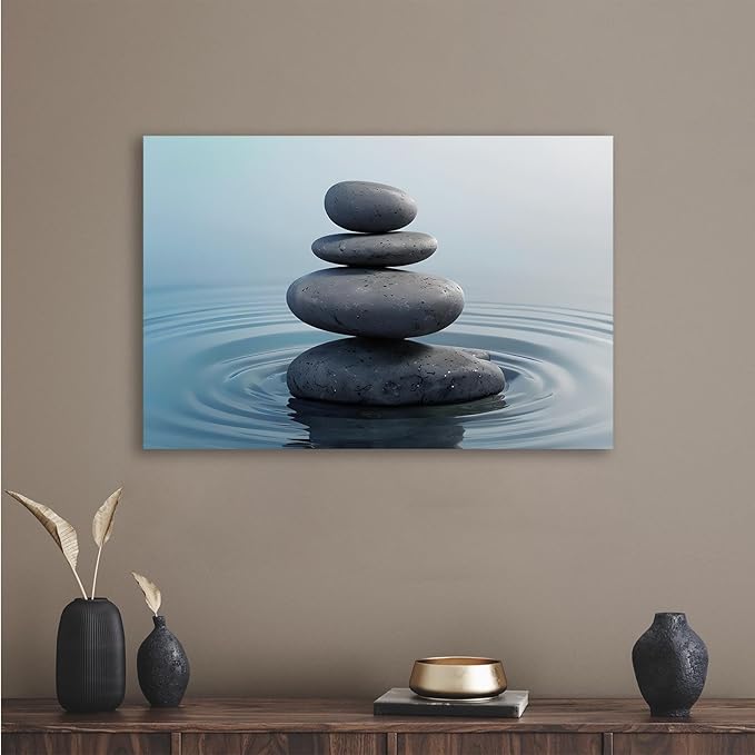 Zen wall art Harmonious grey stones stacked on a calm surface of water Serene Zen decor suitable for tranquil homes and spaces of meditation 16x24in Frameless