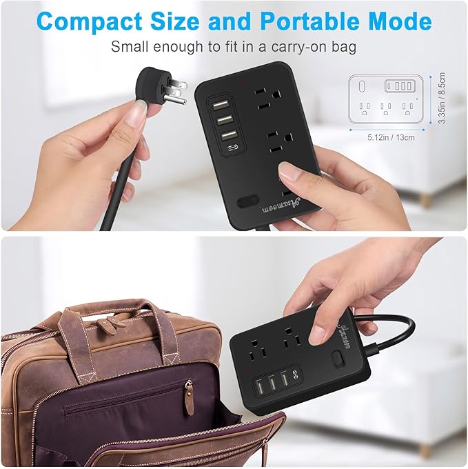 20FT Extension Cord with Multiple Outlets, Asamoom 20 ft Surge Protector Power Strip with 6 Outlets with 4 USB Ports(1 USB C)，Flat Plug with Long Cord 1700 Joules Protection for Home Office Black