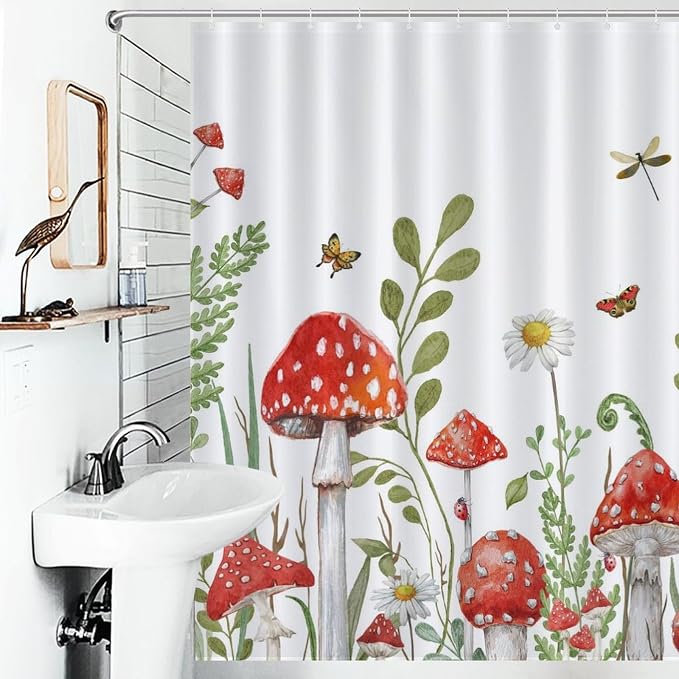 Mushroom Shower Curtain, Rustic Sage Green Botanical Vintage Mushroom Wildflower Forest Plants Herbs Farmhouse Country Waterproof Fabric Bathroom Shower Curtain Set with Hooks, 72"x78" Inch