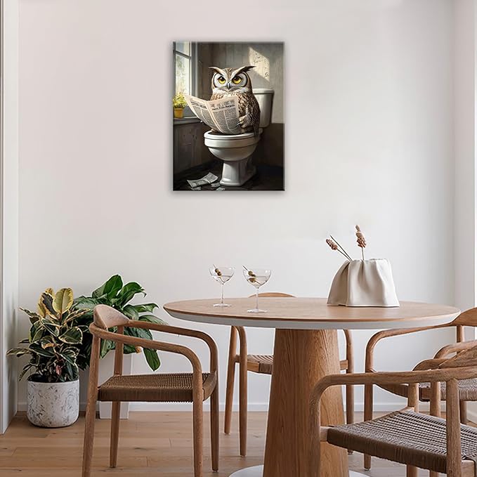 Owl Bathroom Wall Art, Funny Owl Toilet Pictures Wall Decor, Bird Canvas Prints, Animal Painting, Framed Artwork for Bathroom Living Room Bedroom Office Dining Room 24"X20"