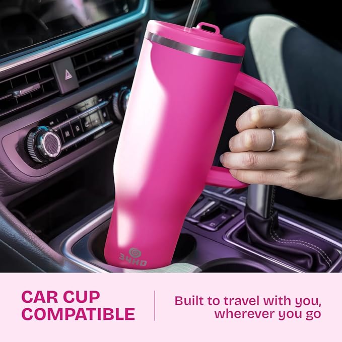 34HD 40 oz Stainless Steel Tumbler - Leakproof Insulated Water Bottle with Handle, Magnetic Lid and Flexible Straw - Iced for 48 Hours – Perfect for Men, Women, Birthday Gift, Pink - Hot Pink
