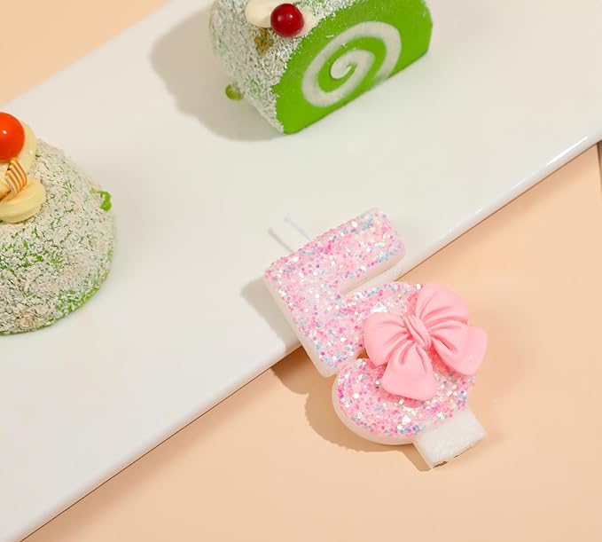 Number 5 Candle with Pink Sequins and Bowtie, Pink 5 Cake Topper Decoration for Girls Pastel Sweet Theme Birthday Party or Adults Milestone Age