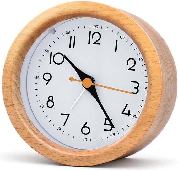 Oxmidud 4'' Natural Wooden Analog Alarm Clock with Soft Night Light - Battery Operated Non-Ticking Silent Tabletop Minimalist Desk & Bedside Clock for Bedrooms Living Room Home Office Decor