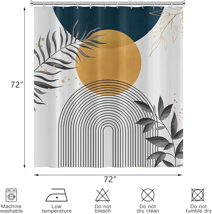Boho Mid Century Shower Curtain, Orange Blue Modern Minimalist Abstract Geometric Gold Plant Leaves Arch Bathroom Curtains Waterproof Fabric Buthtub Curtain Set with Hooks 72" Wx72 L