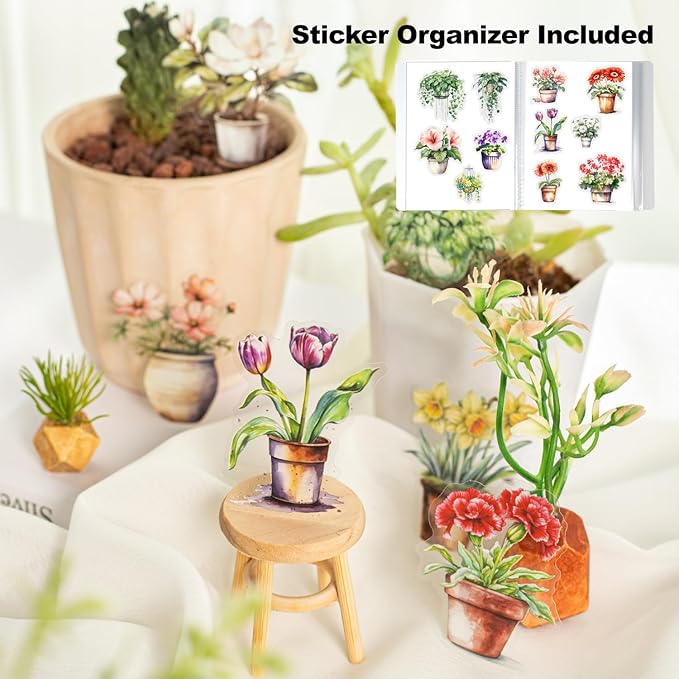 MiyouLuna 150Pcs Potted Plant Stickers, Botanical PET Stickers for Scrapbooking, DIY Crafts, Journaling, and Junk Journal Ephemera with Organizer
