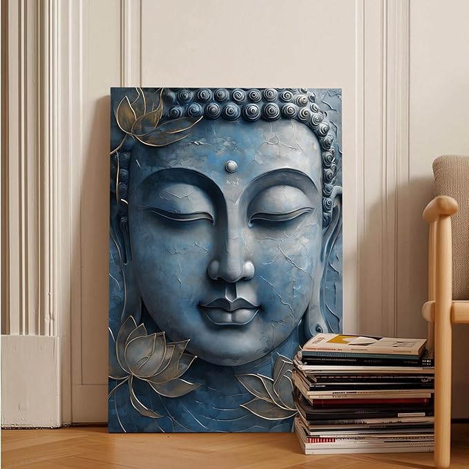 Canvas wall art Golden lotus crown Serene Buddha poster Ethereal blue toned art with delicate floral decor Zen wall art for a tranquil meditation space 20x30in Frameless