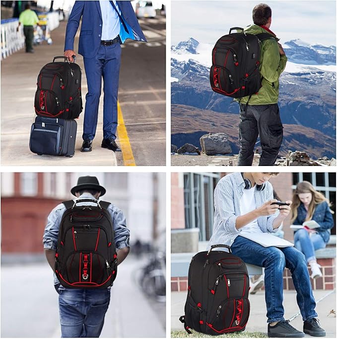 JCDOBEST Laptop Backpack, Red, 55L Capacity, TSA Approved, RFID Anti-Theft, USB Charging Port, Headphone Hole, Back Luggage Strap, Chest Strap, Laptop Backpack