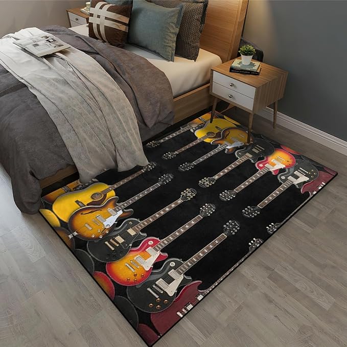 Vintage Guitar Black Area Rug, Guitar Music Lover Non Slip Living Room Rugs, Breathable Durable Carpet for Indoor Bedroom Conference Room Office Decor Rug - 3 ft x 4 ft