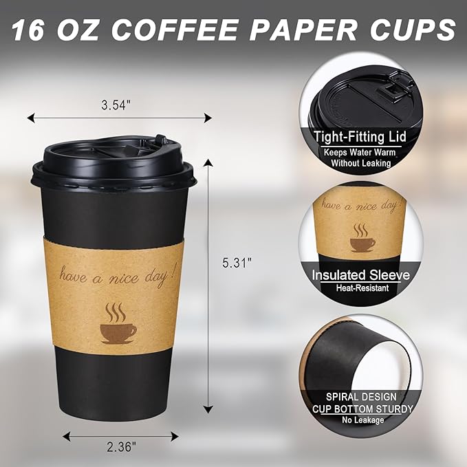 Lamosi 16 OZ Coffee Cups 500 Pack with Lids, Stir Sticks and Sleeves, Disposable Hot Paper Cup for Home, Travel, Office