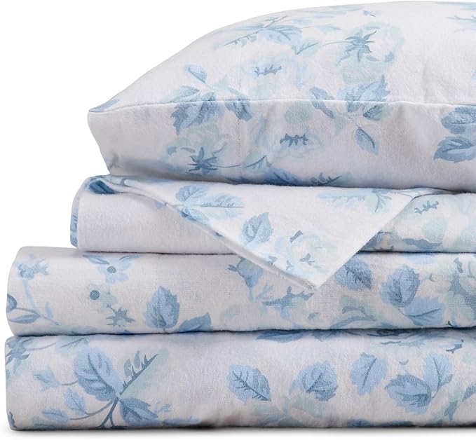 Market & Place 100% Cotton Full Flannel Sheet Set | 4 Piece Deep Pocket Cozy Winter Floral Bed Sheets | Double Brushed for Extra Softness & Comfort | Alpine Collection (Full, Vintage Floral)