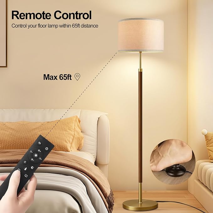 Wood Floor Lamps for Living Room Farmhouse Floor Lamp with Remote Control,Dimmable Vintage Floor Lamp Mid Century Modern Standing Lamp with 3 Color Temperature Tall Floor Lamps For Bedroom Corner