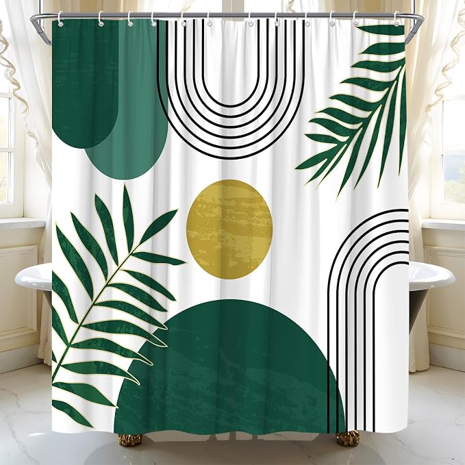 Mid Century Modern Shower Curtain Boho Green Abstract Retro Aesthetic Fabric for Bathroom Decor Bathtub with Hooks (59" WX70 H)