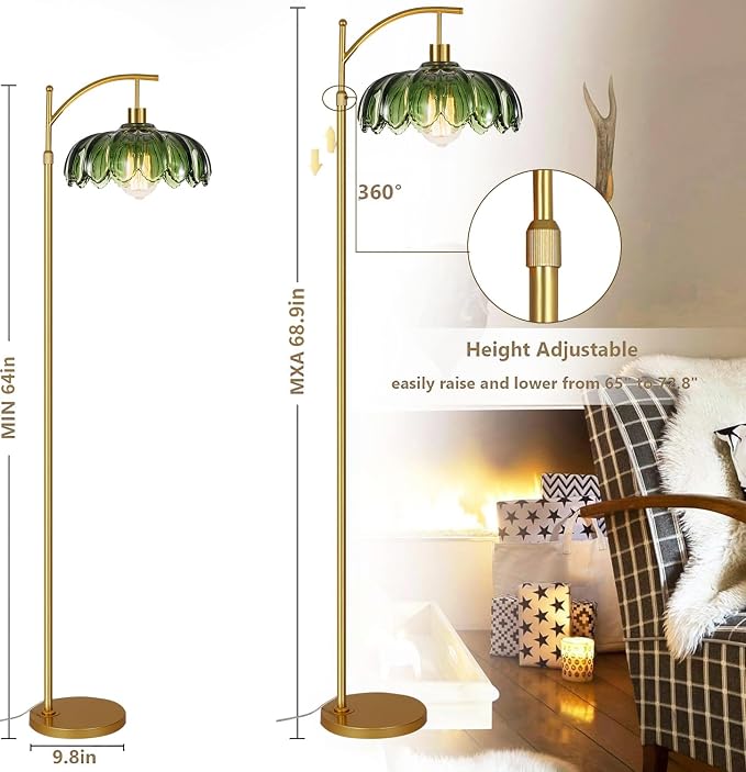 QIYIZM Glass Floor Lamp for Living Room,Bedroom,Gold Dimmable Standing Lamp with Remote,Mid Century Modern Brass Tall Lamp Boho Vintage Retro Floor Lamps Arc Green Flower Floor Light Lamp Bohemian