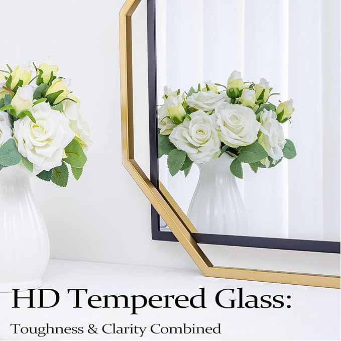 Modern Bathroom Mirror, 36" x 24" Black and Gold Decorative Wall Mirror with Modern Octagonal Metal Frame, for Living Room, Dining Room, Entryway