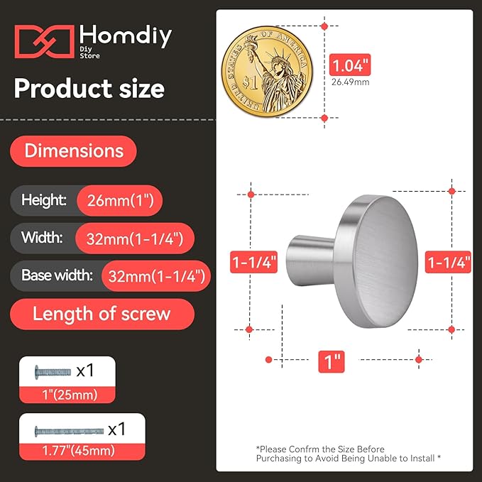 homdiy 15 Pack Brushed Nickel Cabinet Knobs Round Kitchen Handles Zinc Alloy Metal Hardware for Dresser Drawer Desk Cupboard