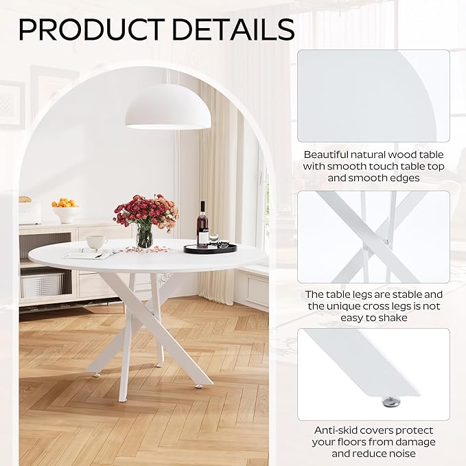 RGZ Mid Century White Round Dining Table Set for 4, 47" Large Wooden Circle Kitchen Table & 4 Black PU Leather Kitchen Chairs, Dinner Table Set for Home, Apartment, Dining Room