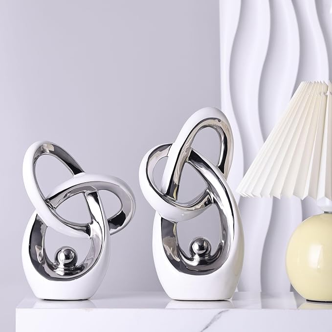 White Silver Modern Abstract Art Home Accent, Statues Coffee Table Decor, Table Centerpieces for Dining Room, Ceramic Sculptures and Gold Knick Knacks for TV Stand Decor