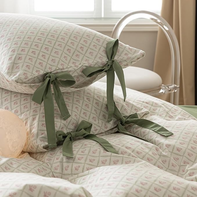Pink Floral Duvet Cover Twin Chic Plaid Grid Duvet Cover 100% Cotton Floral Cottagecore Bedding Set for Girls Women Vintage Country Bedding Blooming Flower Comforter Cover with 2 Bowknot Pillowcases