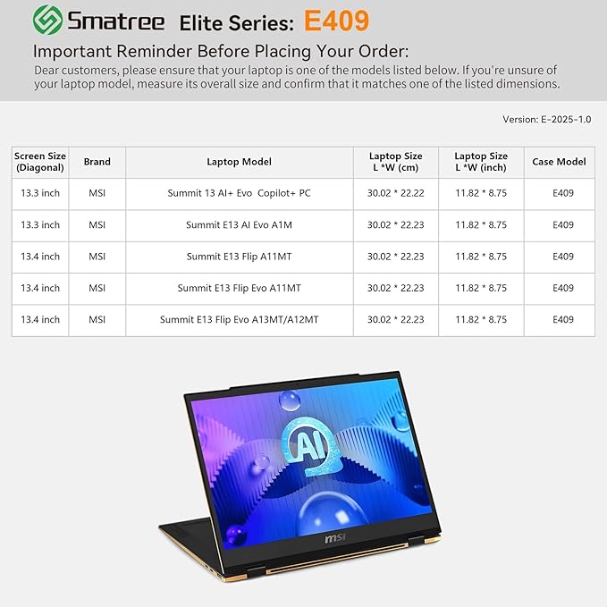 Smatree Laptop Sleeve for 13.3 inch MSI Summit 13 AI+Evo Copilot+PC/E13 AI Evo A1M,for 13.4 inch MSI Summit E13Flip Evo,Case with Pocket,Green(E409G)
